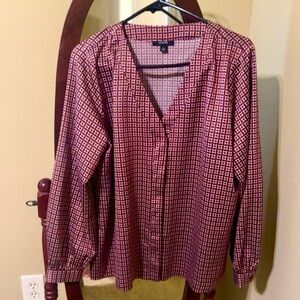 Alfani Women's Long Sleeve Geometric Print Burgundy Blouse Satin-like Size L